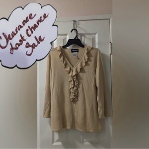 Sag Harbor Women’s Size XL Beige Long Sleeve Knit Top W/Ruffle V-Neck